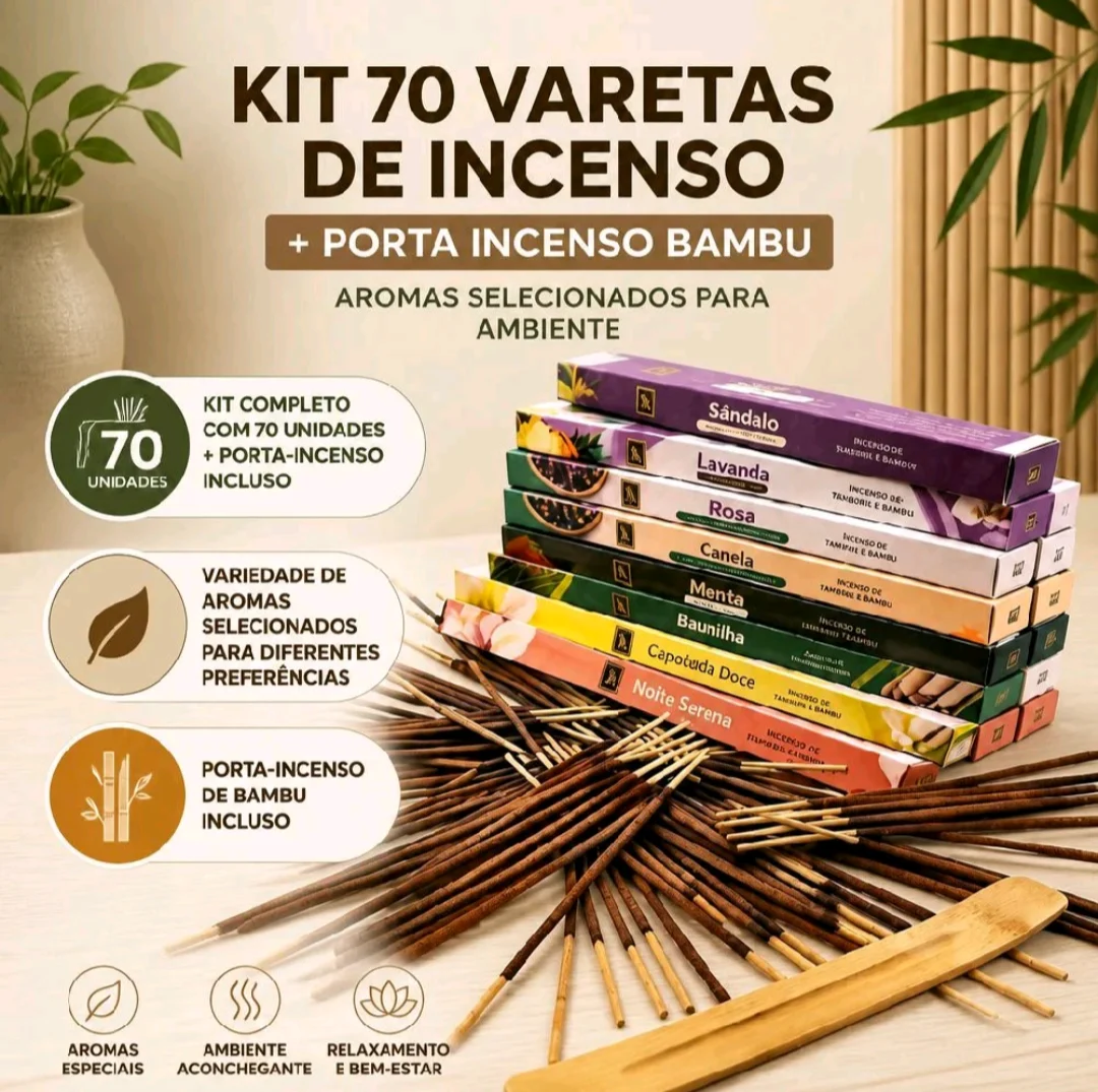 Kit 70 Varetas de Incenso Aromático Sortido com Porta-Incenso de Bambu — foto 1