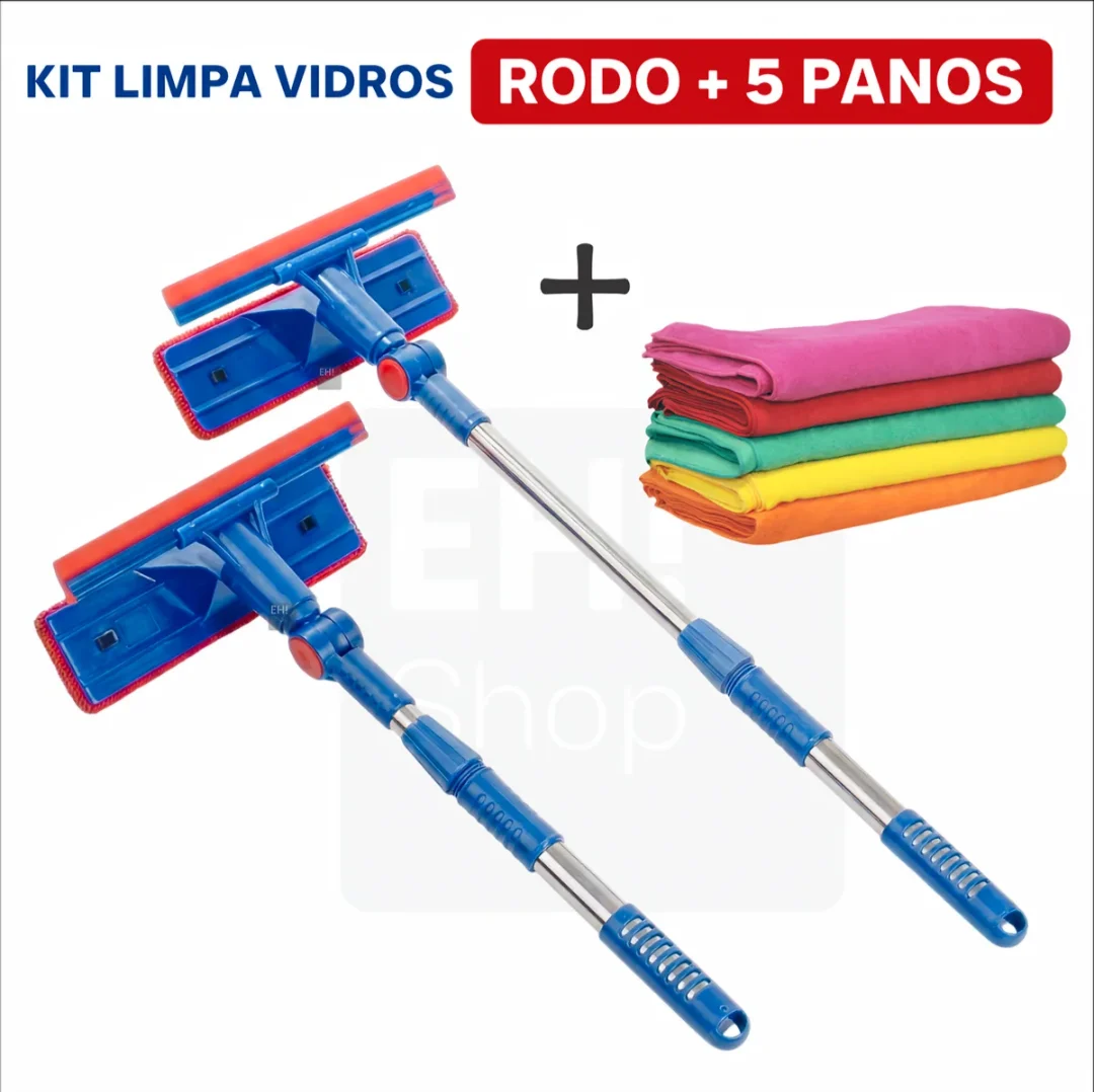 Kit Rodo Limpa Vidro 2 em 1 Extensível + 5 Panos de Microfibra — foto 1