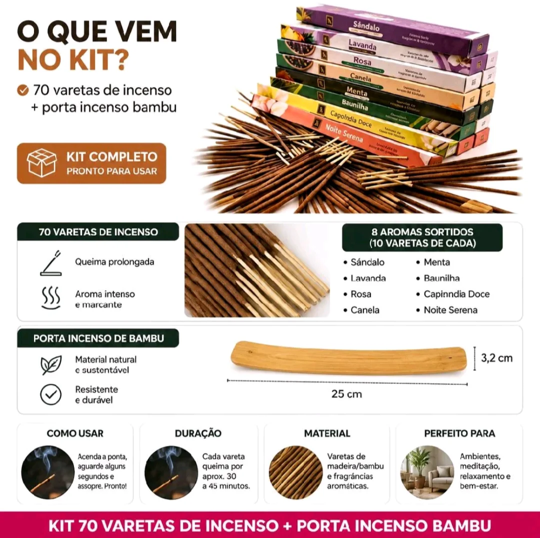 Kit 70 Varetas de Incenso Aromático Sortido com Porta-Incenso de Bambu — foto 2